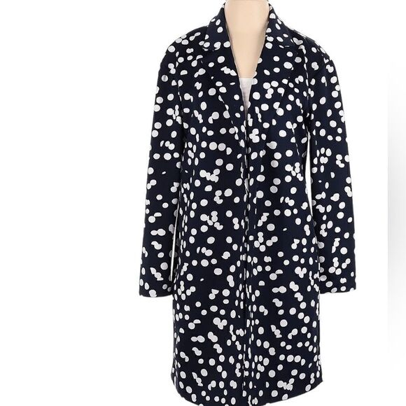 T Tahari Navy Blue White Polka Dot Print Scuba Knit Jacket Coat - Size Small / S - Picture 2 of 12